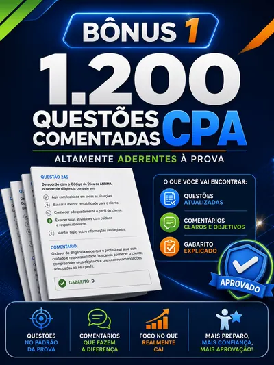 Mockup do material digital de 1.200 Questões Comentadas CPA